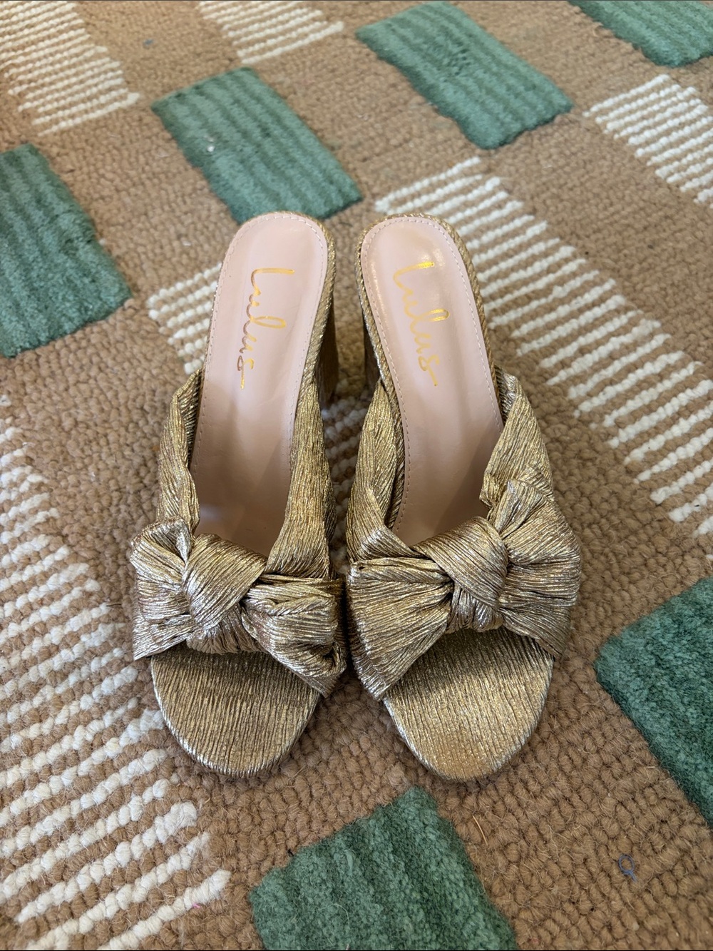 Lulu's Gold Knot Front Mule Heels